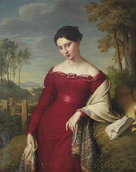 Eduard Friedrich Leybold Portrait of a young lady in a red dress with a paisley shawl France oil painting art